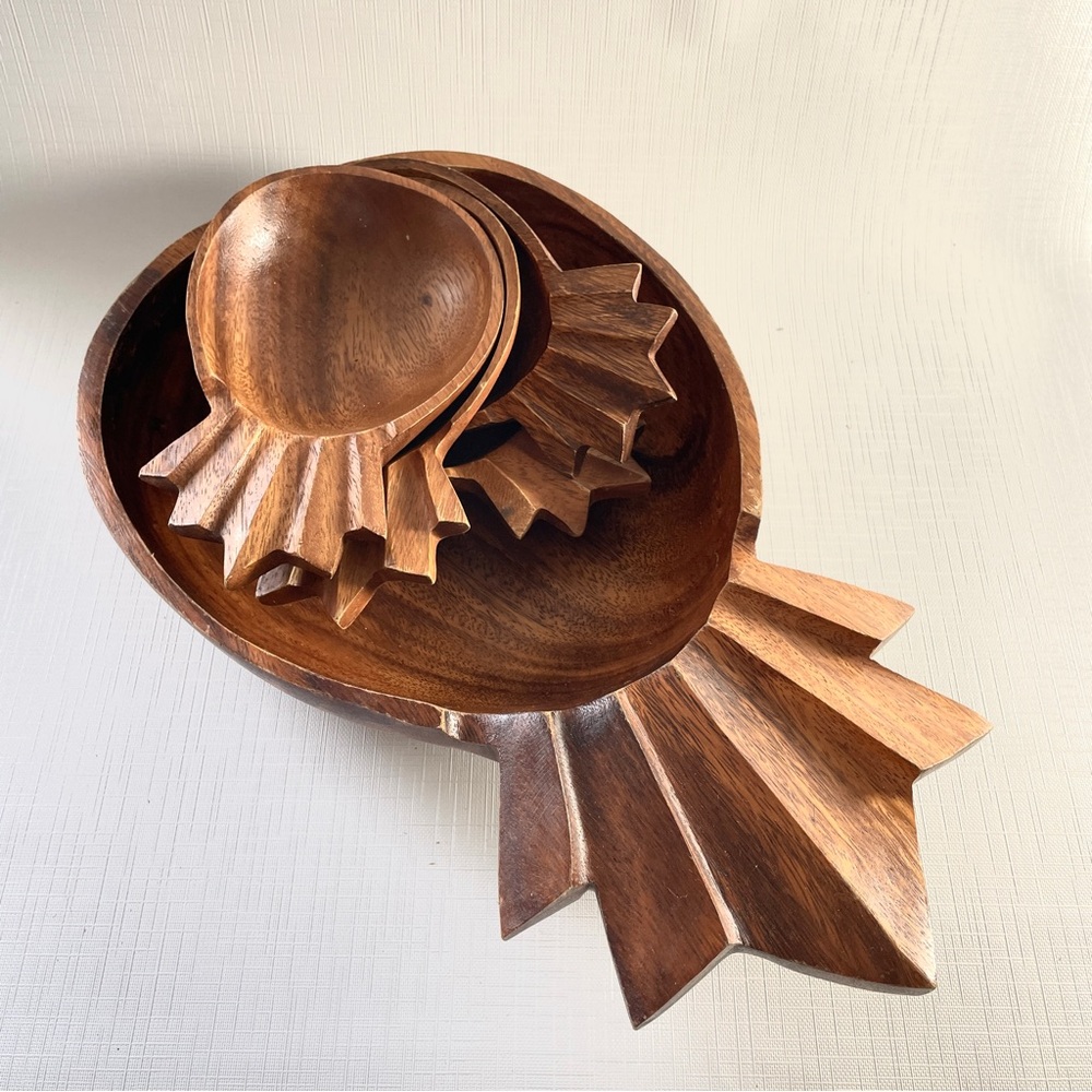 Vintage MCM Teak Wood Pineapple Salad Serving Bowl 5 Piece Set Monkey Wood Retro
